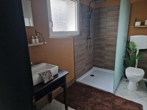 uma casa de banho com um chuveiro, um lavatório e um WC. em Ferienwohnung Faber em Goslar