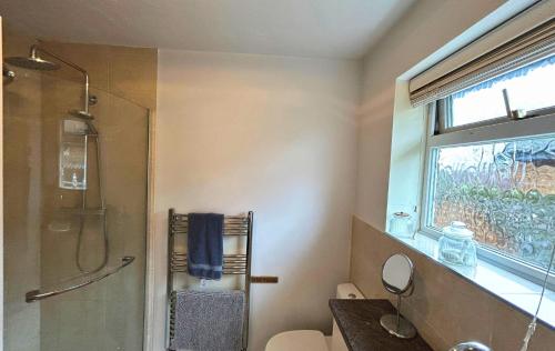 a bathroom with a shower and a toilet and a window at Binfield - Spacious Luxurious Four Bedroom House in Bracknell