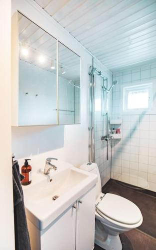a bathroom with a sink and a toilet and a mirror at Långrösta; Ruime blokhut grenzend aan bos in Hagfors