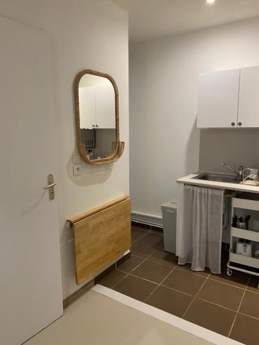 une salle de bain avec un lavabo et un miroir au mur dans l'établissement Joli studio centre historique et au calme (2), à Montpellier