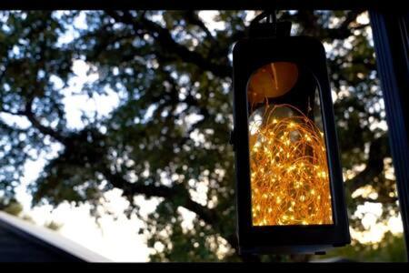 a yellow traffic light in front of a tree at Starlight Horizon Cabin C - Pet-Friendly Texas Hill Country Cabin Near Canyon Lake - Pool, Stargazing & Group Getaways Sleeps 8 in Canyon Lake