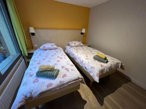 twee bedden in een kamer met twee kussens erop bij Cottage-8p-Les Hauts de Bruyères-225 in Chaumont-sur-Tharonne