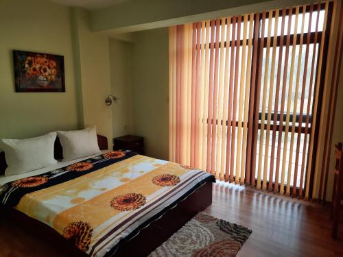 a bedroom with a bed and a large window at Motel Elegance in Sandanski
