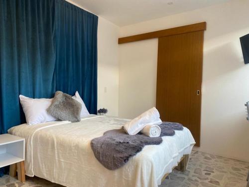 um quarto com uma cama grande e cortinas azuis em Casa Centro By Lofts 48 em Querétaro
