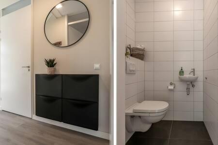 a bathroom with a toilet and a sink and a mirror at Hello Zeeland - vakantiewoning Knuitershoek 86 in Kloosterzande