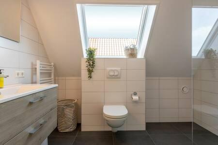 a bathroom with a toilet and a sink and a window at Hello Zeeland - vakantiewoning Knuitershoek 86 in Kloosterzande