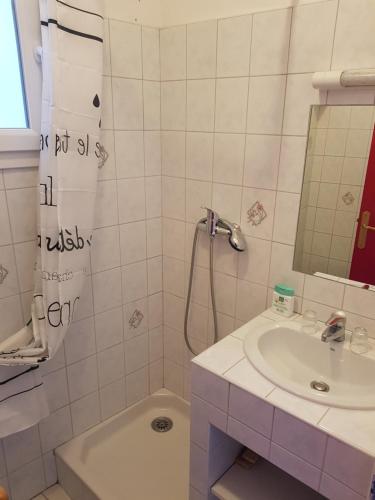 ein weißes Bad mit einem Waschbecken und einer Dusche in der Unterkunft Studio Albizia Lamalou les Bains in Lamalou-les-Bains