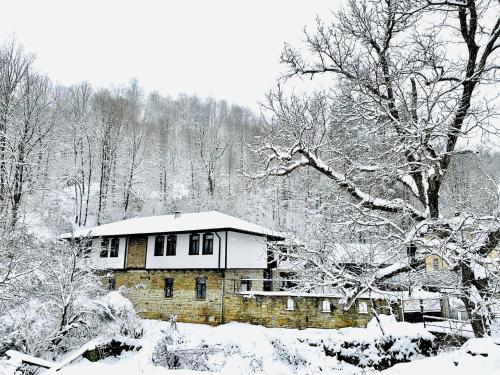 une maison recouverte de neige dans les bois dans l'établissement Verta House, à Tryavna