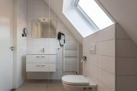 een witte badkamer met een toilet en een dakraam bij Hello Zeeland - Vakantiewoning Knuitershoek 88 