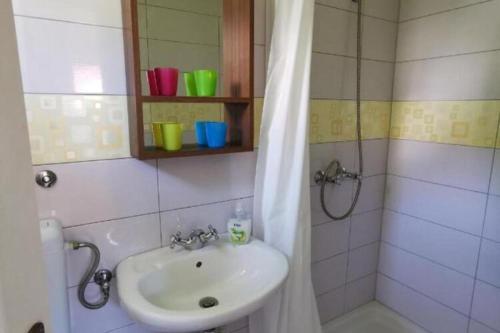 La salle de bains est pourvue d'un lavabo et d'une douche. dans l'établissement Tranquil holiday home with bubble bath, à Tuheljske Toplice