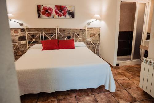 カセレスにあるApartamento Las Avutardas 1のベッドルーム(白いベッド、赤い枕付)