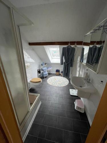 ein Badezimmer mit einem Waschbecken, einem WC und einem Spiegel in der Unterkunft Pension Petersohn (ehem. Zur Heimat) in Klausdorf Brandenburg