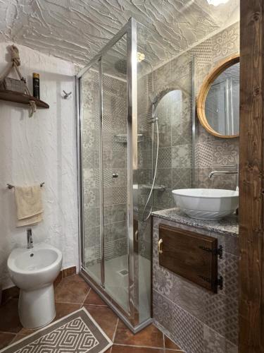La salle de bains est pourvue d'une douche, d'un lavabo et de toilettes. dans l'établissement B&B La Baita "monolocale ad uso esclusivo", à Fonni
