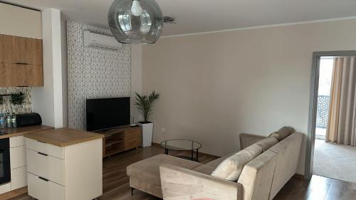 een woonkamer met een bank en een tv bij Apartament 33 Park City in Ostrów Wielkopolski