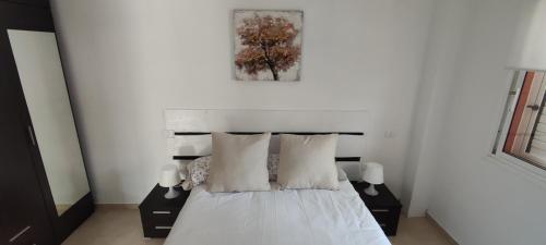 a bedroom with a bed with white sheets and pillows at Terraza del sol in Candelaria