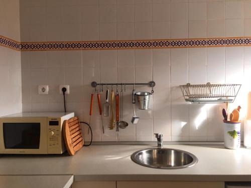 a kitchen counter with a sink and a microwave at Casa de Castelo Novo in Castelo Novo