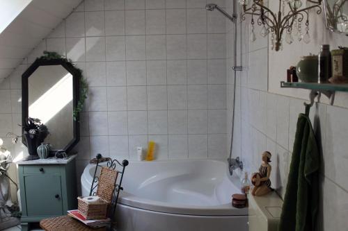 a bathroom with a tub and a mirror at Ruhiges, helles Altbauzimmer im Stadtzentrum in Schwelm