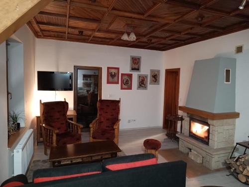ein Wohnzimmer mit einem Sofa und einem Kamin in der Unterkunft Domeček in Trutnov