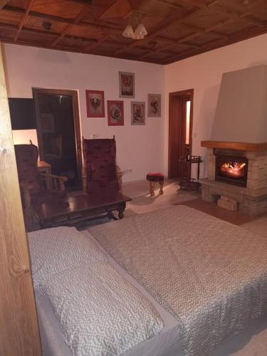 ein Schlafzimmer mit einem Bett und einem Kamin in der Unterkunft Domeček in Trutnov