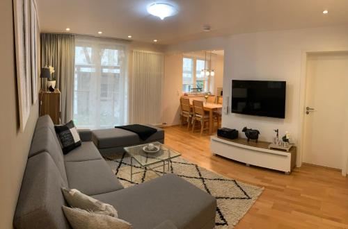 sala de estar con sofá y TV de pantalla plana en Ferienwohnung Janus Altstadt-Hameln Haus 2 inklusive Parkplatz - mit und ohne Terrasse oder Loggia, en Hameln
