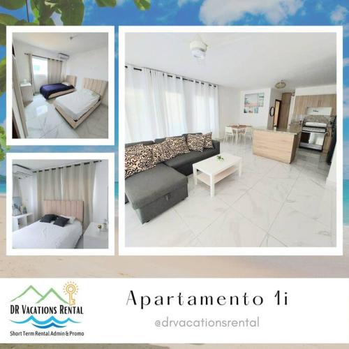 a collage of four pictures of a living room at Apartamento en Playa Coconut @drvacationsrental in Puerto Palenque