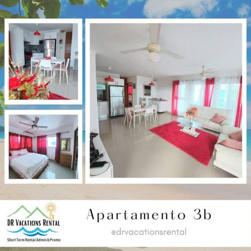 a collage of four pictures of a living room and kitchen at Apartamento en Playa Coconut @drvacationsrental in Puerto Palenque