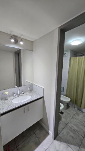 a bathroom with a sink and a toilet and a mirror at El Mirador in San Salvador de Jujuy