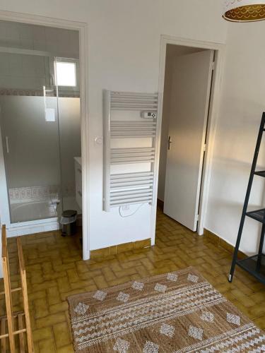 um quarto com uma cabina de duche ao nível do chão e um tapete em Maison trois chambres, près remparts, jardin, piscine em Avignon