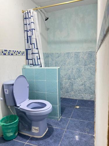 een badkamer met een blauw toilet en een douche bij Beach Airport House in Cartagena