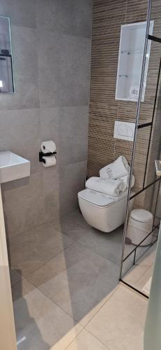 La salle de bains est pourvue de toilettes et d'un lavabo. dans l'établissement Guesthaus 1, à Dudelange