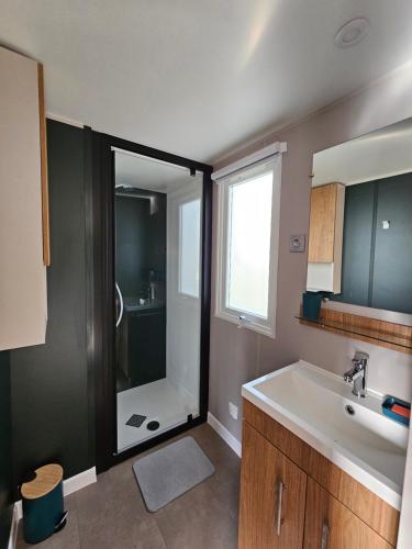 La salle de bains est pourvue d'une douche et d'un lavabo blanc. dans l'établissement Jolie Mobil home 2 chambres (198), à Saint-Jean-de-Monts