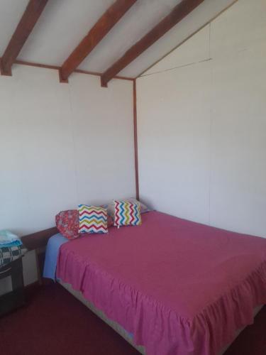 1 dormitorio con 1 cama con colcha púrpura en Cabaña la estancia, en La Estancia