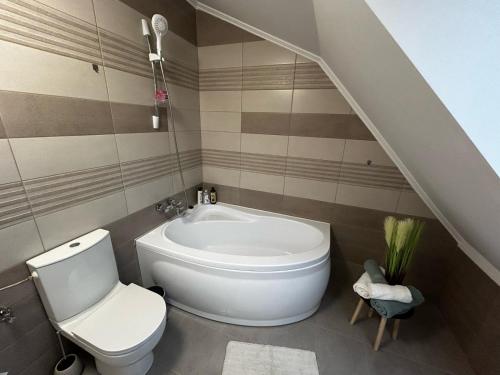 un baño con inodoro y lavabo en D&M APARTMENTS 2, en Satu Mare