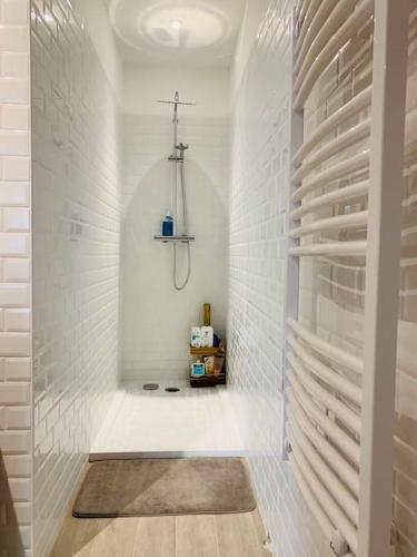 La salle de bains est pourvue d'une douche à l'italienne aux murs blancs. dans l'établissement Appartement*Loft*Centre historique de SARLAT, à Sarlat-la-Canéda