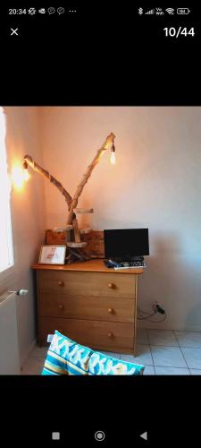 une commode en bois avec un arbre dessus dans l'établissement Les delices de cathou, à Reilhac