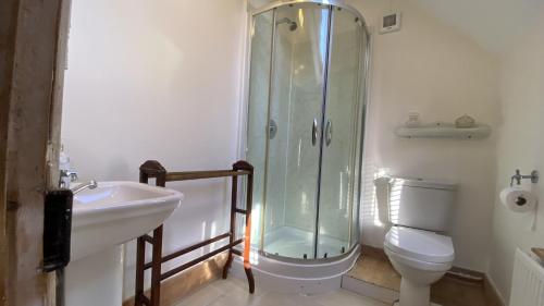 a bathroom with a shower and a toilet and a sink at The Clock Tower in Ventnor