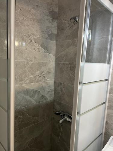 um chuveiro com uma porta de vidro na casa de banho em luxury apartment center athens (wifi) em Atenas
