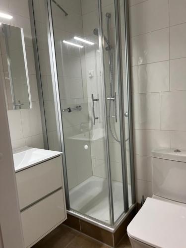 La salle de bains est pourvue d'une douche en verre et de toilettes. dans l'établissement Ostseeliebe M-5-6, à Heiligenhafen