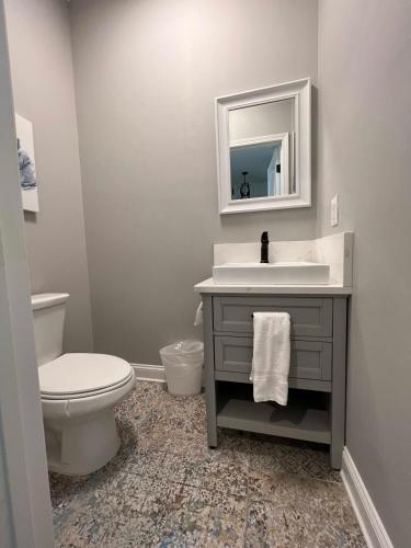 a bathroom with a toilet and a sink and a mirror at House #41 Moonset Vista House (Pet Friendly) in Centre