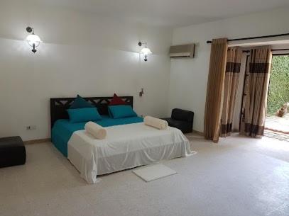 a bedroom with a bed with blue pillows at The Twin Grand Apartments in Katunayake