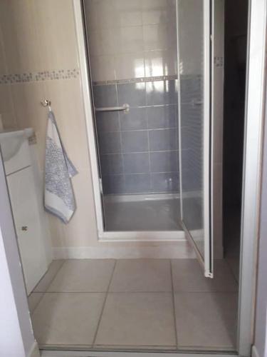 une douche avec une porte vitrée dans une salle de bain dans l'établissement T2 indépendant 40 m2., à Saint-Jean-de-Védas