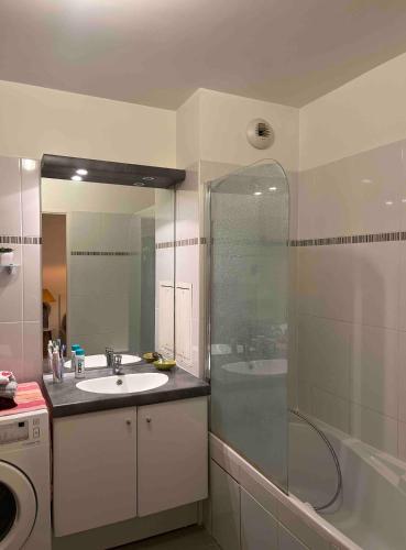 une salle de bain avec une douche, un lavabo et une baignoire dans l'établissement Charming Parisian apartment, à Asnières-sur-Seine