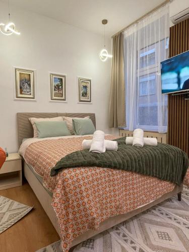 um quarto com uma cama grande e uma televisão de ecrã plano em Apartment Begonia em Sarajevo