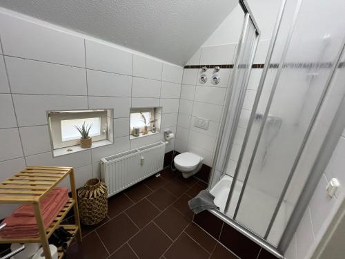 a bathroom with a toilet and a shower at Fewo Living Home in Magdeburg
