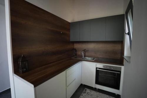 a small kitchen with white cabinets and a sink at Luxos Villa in Ferizaj