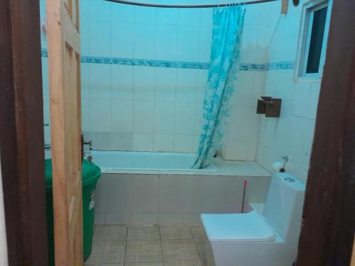 a bathroom with a tub and a toilet and a sink at Fayes Apartments in Brusubi