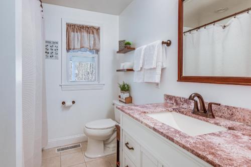 bagno con lavandino, servizi igienici e specchio di New Hampshire Getaway with Game Room and Lake Access 