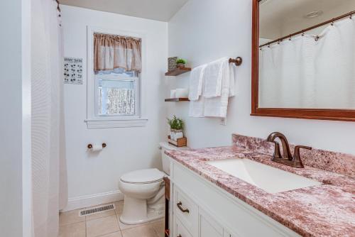 a bathroom with a sink and a toilet and a mirror at Quiet New Hampshire Getaway with Game Room! in Center Barnstead