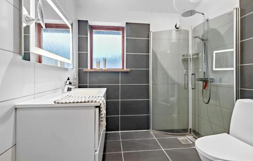 a bathroom with a shower and a sink and a toilet at 3 Bedroom Cozy Home In Skibby in Skibby