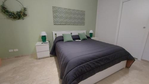 - une chambre avec un grand lit et 2 oreillers verts dans l'établissement Appartamento in pieno centro I mori e le dame, à Palerme